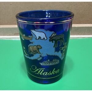 ALASKA Cobalt Blue Shot Glass Map, Wildlife, Cruise Ship By A.C.E.